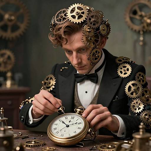 Photograph of a young man with curly hair, wearing a black tuxedo and bow tie, surrounded by gears, repairing an antique watch. Ste