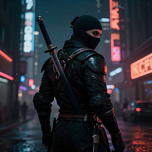 Cyberpunk nighttime street scene: masked ninja in black leather armor, sword on back, neon lights reflecting on wet pavement, urban atmosphere.