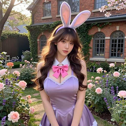 Photograph of a young woman with long brown hair, wearing a lavender bunny costume with white rabbit ears, pink bow, and large breasts, standing in