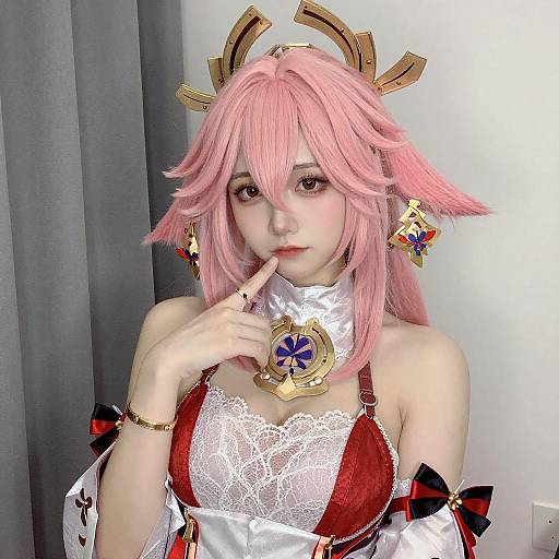 Anime Cosplayer with Pink Hair and Accessories