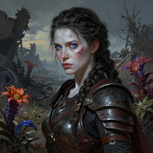 Digital painting of a bruised, blue-eyed woman with braided black hair, wearing dark, reflective armor, amidst a ruined, flower-filled landscape.
