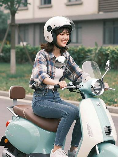 Joyful Woman on Turquoise Vintage Scooter