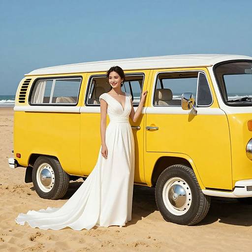 Photograph of an Asian bride in a white, sleeveless wedding dress standing beside a yellow and white vintage Volkswagen van on a sunny beach.