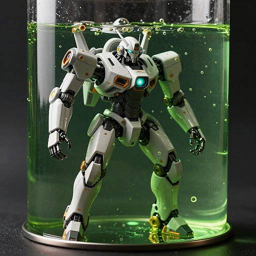 Photograph of a white and black robotic figure with glowing blue eye submerged in a green liquid-filled glass cylinder.