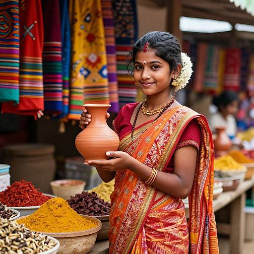 Photograph of a smiling Indian woman in an orange saree, holding a terracotta pot, adorned with jewelry, standing at a vibrant spice market