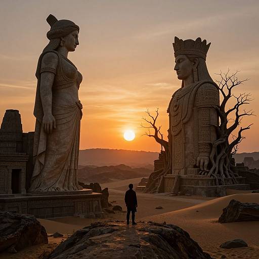 Photograph of a person standing between two towering, ancient stone statues at sunset in a desert, with a barren tree in the background.