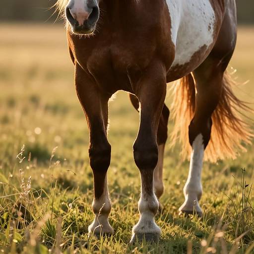 Photograph of a brown and white pinto horse standing in a sunlit grassy field, with its head partially out of frame, sunlight highlighting its
