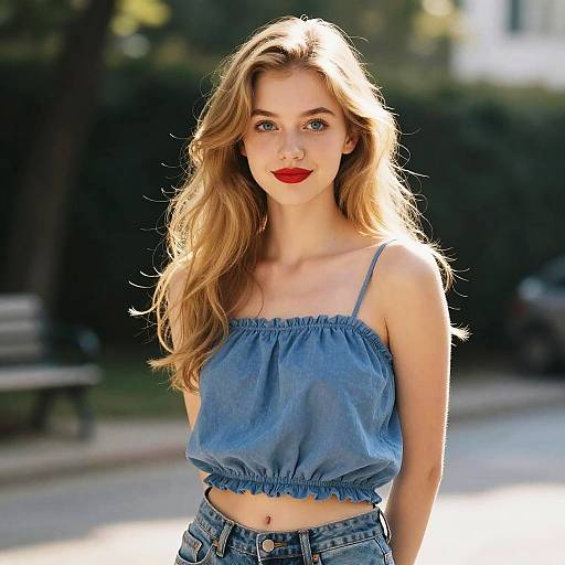 Young Blonde Woman in Blue Camisole Outdoors