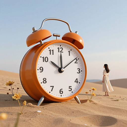 Photograph of a large orange vintage alarm clock with black hands and numbers, standing in a sandy desert with yellow flowers, and a small woman in a