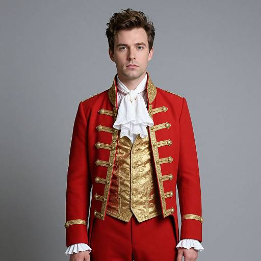 Photograph of a handsome young man with short brown hair, wearing a red and gold military-style jacket with white ruffles, against a plain gray background