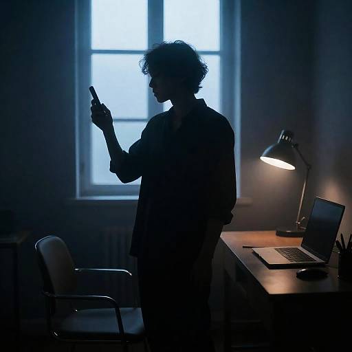 Silhouetted Person in Dimly Lit Room with Phone