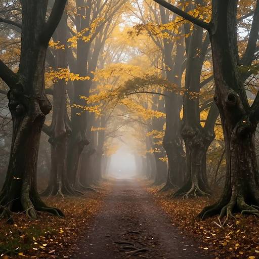 Photograph of a misty forest path lined with tall, dark tree trunks and golden-yellow leaves, creating a serene, ethereal atmosphere.