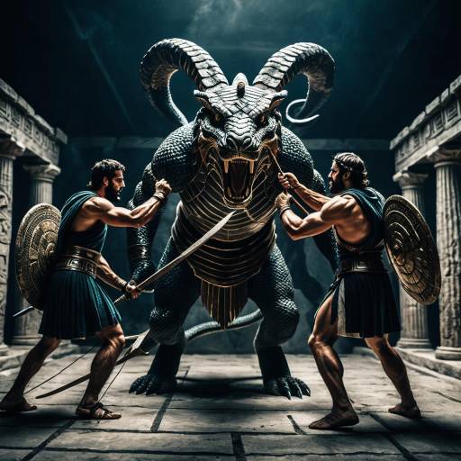 Epic Battle of Greek Warriors and Amphisbaena