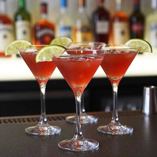Photograph of three martini glasses with red cocktails, lime slices, ice, on a bar counter, blurred liquor bottles in background.