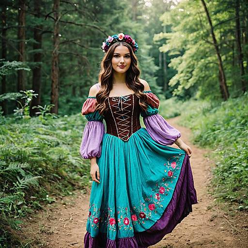 Young Woman in Renaissance Dress in Forest