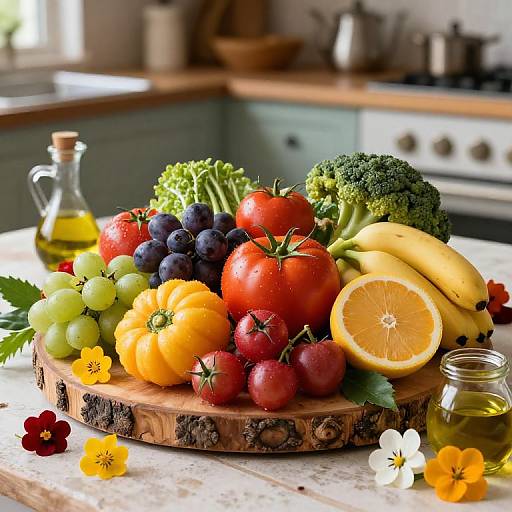 Vibrant photograph of a wooden platter with fresh fruits, vegetables, and a bottle of olive oil in a bright kitchen.