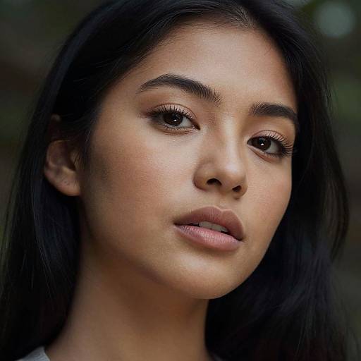 Photograph of a young Asian woman with long black hair, dark brown eyes, and smooth, glowing skin, looking slightly to the side with a neutral