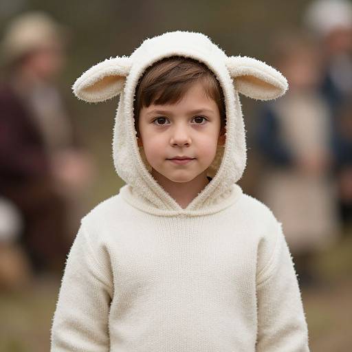 Photograph of a young boy with brown hair, wearing a fluffy white sheep costume with ears, standing outdoors with blurred background.