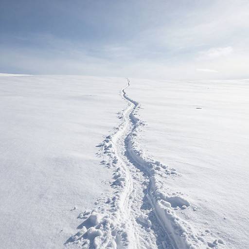 Photograph of a bright, sunlit snow landscape with a single, narrow, snow-covered trail stretching from the bottom center to the distant horizon under a