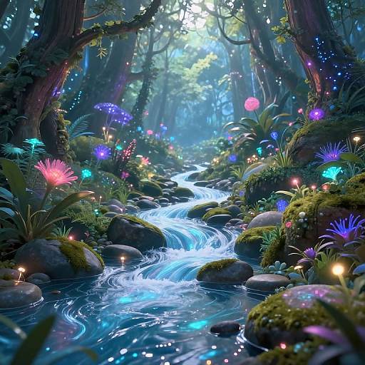 Digital artwork of a glowing, enchanted forest stream with bioluminescent flowers, fairy lights, and a radiant blue-tinted waterfall amidst mossy