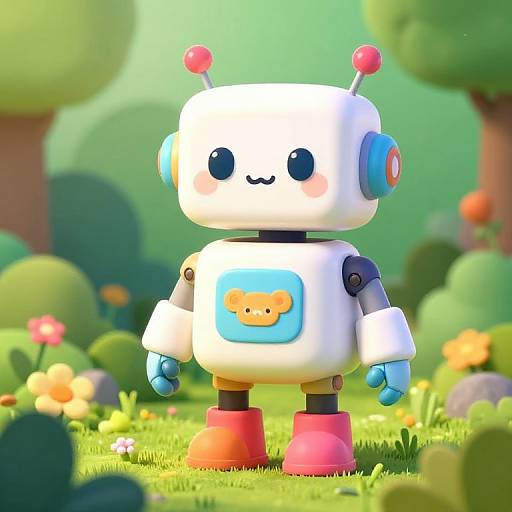 Whimsical Colorful Robot in Garden