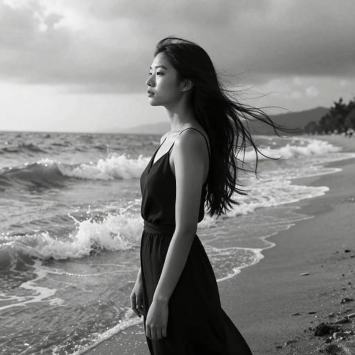 Woman Standing on Beach in Black and White