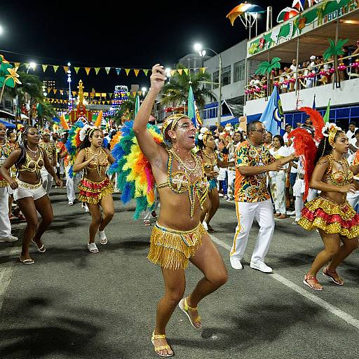 Photograph of vibrant carnival parade featuring African-American dancers in gold fringe outfits, colorful feathered costumes, and raised arms, on a nighttime street with festive