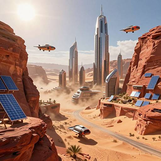 Photorealistic CGI of a futuristic desert city with towering blue-silver skyscrapers, solar panels, flying vehicles, and three hovering drones.