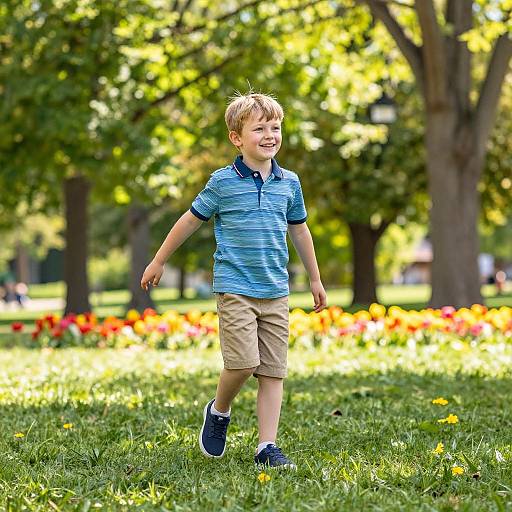 Photograph of a smiling blond boy in a blue striped shirt, beige shorts, and black sneakers, walking joyfully in a sunny park with green grass