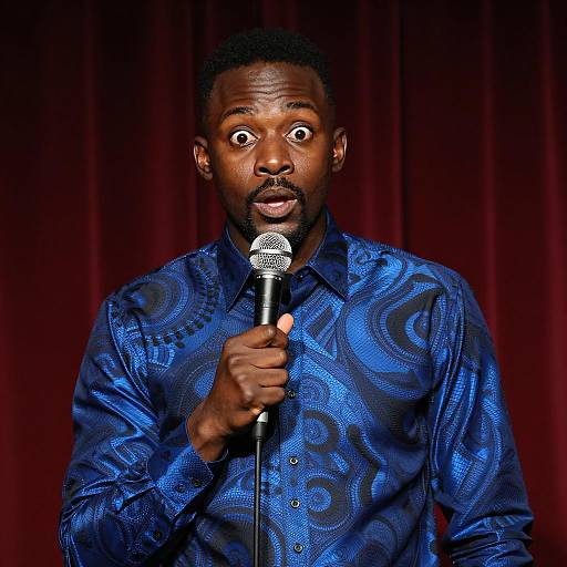 Surprised Performer Against Dark Curtains