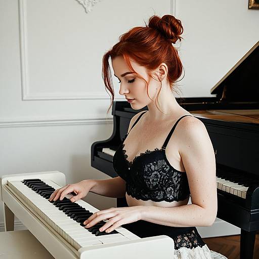 Elegant Red-Haired Woman Playing Piano