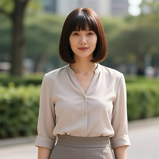 Photograph of an Asian woman with a short black bob, wearing a light beige blouse and high-waisted gray pants, standing outdoors in a sun