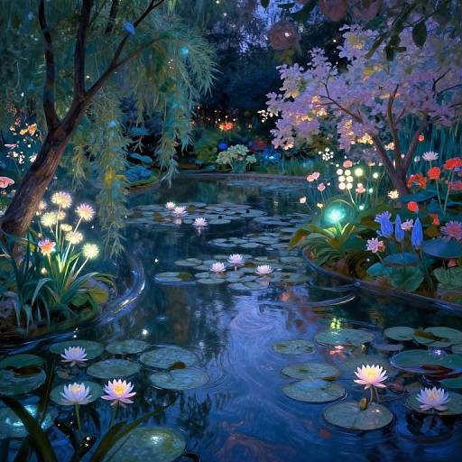 Dreamy night garden scene with glowing flowers, illuminated pond, and floating lilies, surrounded by lush greenery and softly lit trees.