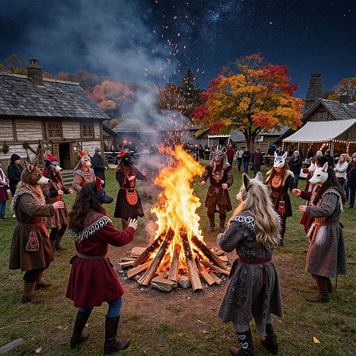 Photograph of a nighttime village scene with people in medieval costumes and wolf masks dancing around a large bonfire, surrounded by autumn trees and wooden houses.