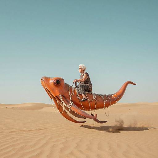 Photograph of an elderly woman with white hair riding an orange, fish-shaped, chain-adorned sand-sled in a clear, bright desert under