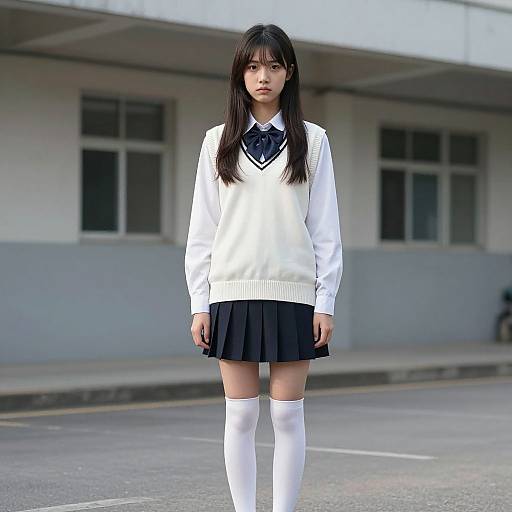 Photograph of an Asian teenage girl with long black hair, wearing a white sweater, black pleated skirt, black bow tie, white knee-high socks