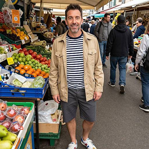 Photograph of a smiling middle-aged man with short dark hair, beige jacket, black shorts, striped shirt, standing in a vibrant outdoor market with colorful