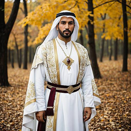 Arabian Prince in Traditional Attire in Autumn Forest