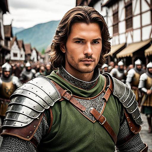 Medieval Knight in Armor on Busy Street