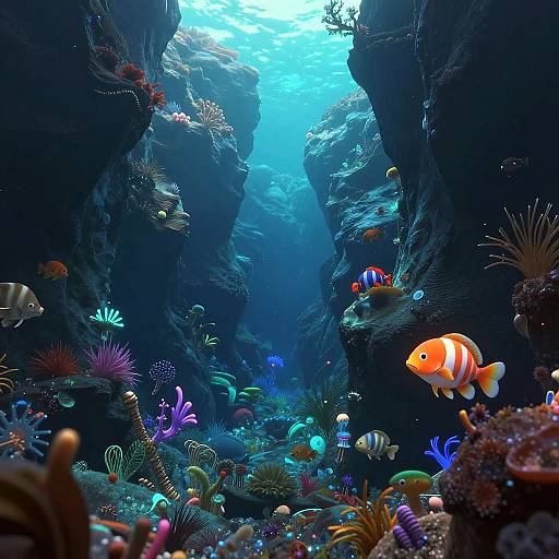 Vibrant underwater photograph of a coral reef with colorful fish, including a prominent orange fish with white stripes, surrounded by diverse corals and sea plants