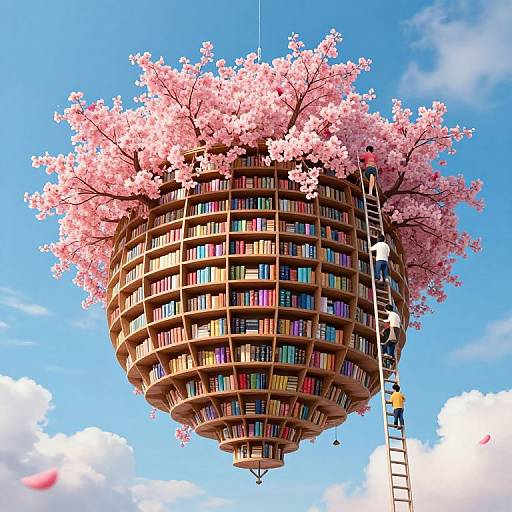 Floating library sphere covered in pink cherry blossoms, accessed by a ladder, against a bright blue sky with fluffy clouds. Digital artwork.