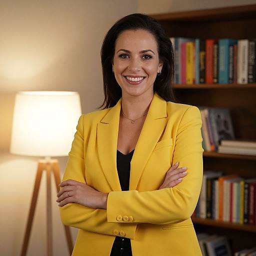 Photograph of a smiling woman with dark hair, wearing a bright yellow blazer over a black top, standing in a warmly lit room with a book