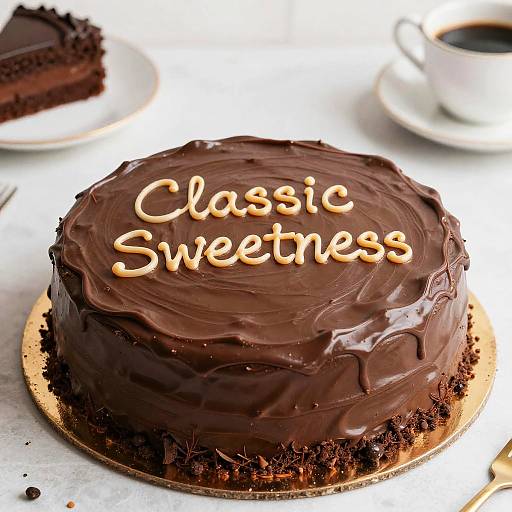 Photograph of a round chocolate cake with smooth, glossy dark chocolate icing, 