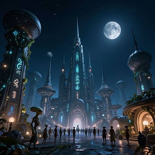 Digital artwork of a futuristic, neon-lit cityscape under a full moon, featuring towering spires, glowing runes, and silhouetted figures