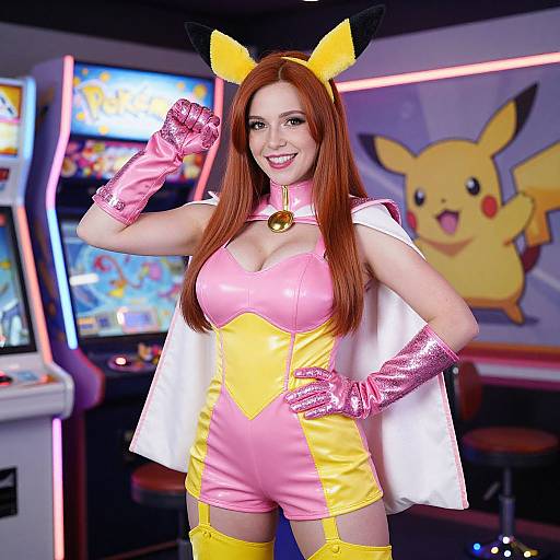 Cosplay photograph of a smiling woman with long red hair, wearing Pikachu ears, pink and yellow costume, metallic gloves, and cape, standing in a