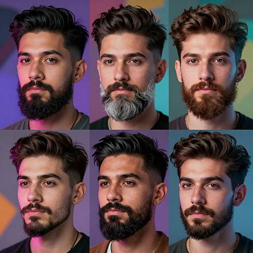 Photograph of six different bearded men with varying beard styles and colors, each against a colorful background. Portraits showcase diverse looks from full beards