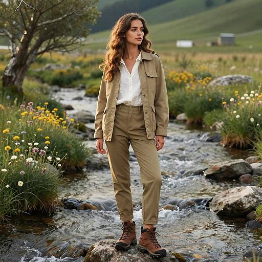 Young Woman on Alpine Stream Rock