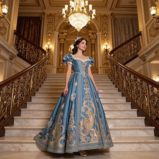 Photograph of a woman in an ornate blue ball gown with gold embroidery, standing on a grand, marble staircase with a chandelier in an op