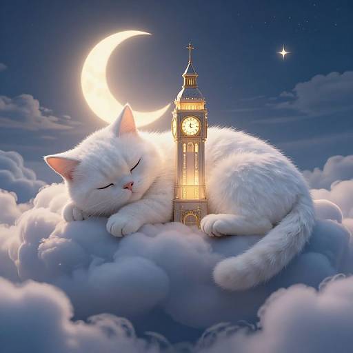 Digital artwork of a sleeping white cat curled around Big Ben clock tower, illuminated by a crescent moon, on a cloud-filled night sky.