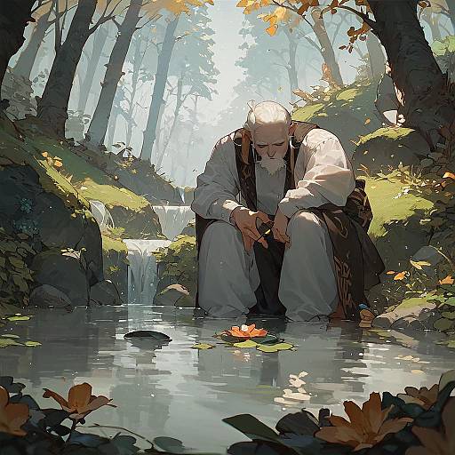 Anime Old Man Fishing by Pond